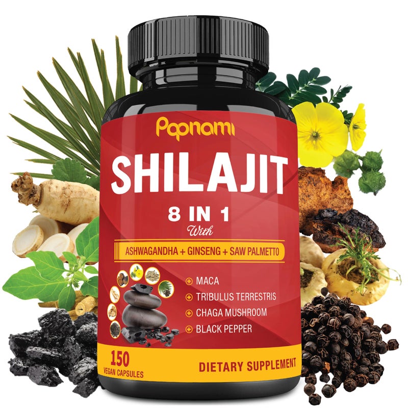 Papnami Shilajit Himalayan Supplement for Men & Women - 150 Capsules Combined Ashwagandha, Ginseng, Saw Palmetto, Maca, Tribulus, Chaga & Black Pepper - Vitality Energy and Immune Supports - Image 1